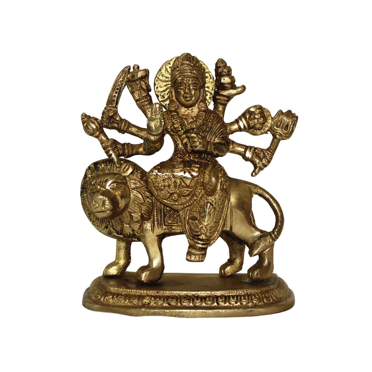 Lord Durga Mata Sculpture Premium Brass Ashtadhatu Maa Shera Wali Idol Statue for Gifting, Home Decoration and Puja Purpose ( 5.5 Inch )