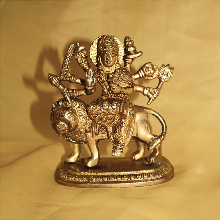 Lord Durga Mata Sculpture Premium Brass Ashtadhatu Maa Shera Wali Idol Statue for Gifting, Home Decoration and Puja Purpose ( 5.5 Inch )