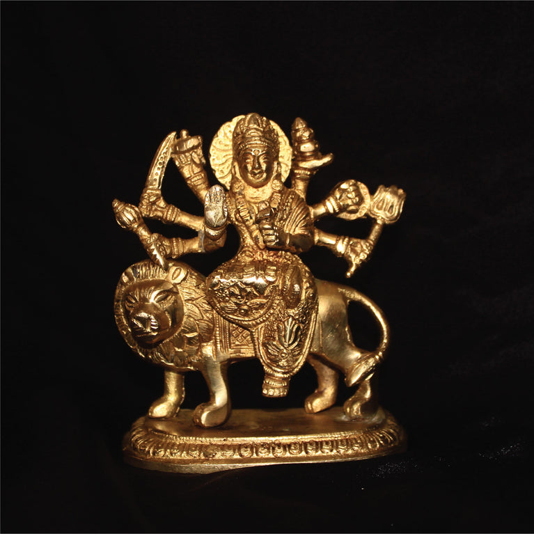 Lord Durga Mata Sculpture Premium Brass Ashtadhatu Maa Shera Wali Idol Statue for Gifting, Home Decoration and Puja Purpose ( 5.5 Inch )