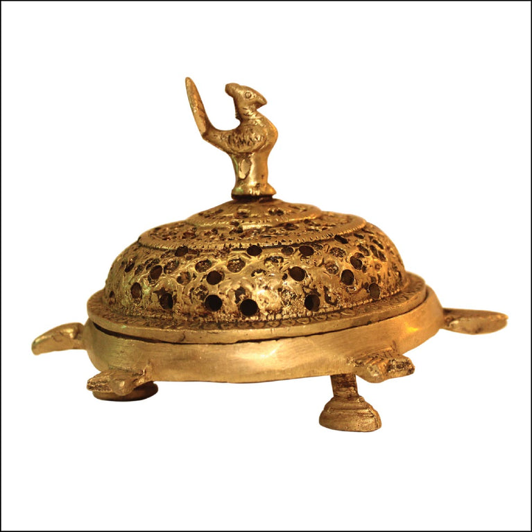 Brass Dhoop Stand Peacock at top Tortoise as Base Holed Cap Puja Article for Navratri Diwali Brass Incense Holder(Gold)