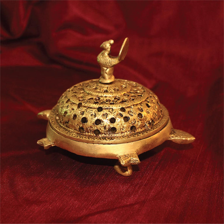 Brass Dhoop Stand Peacock at top Tortoise as Base Holed Cap Puja Article for Navratri Diwali Brass Incense Holder(Gold)