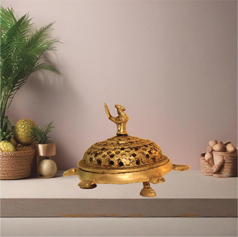 Brass Dhoop Stand Peacock at top Tortoise as Base Holed Cap Puja Article for Navratri Diwali Brass Incense Holder(Gold)