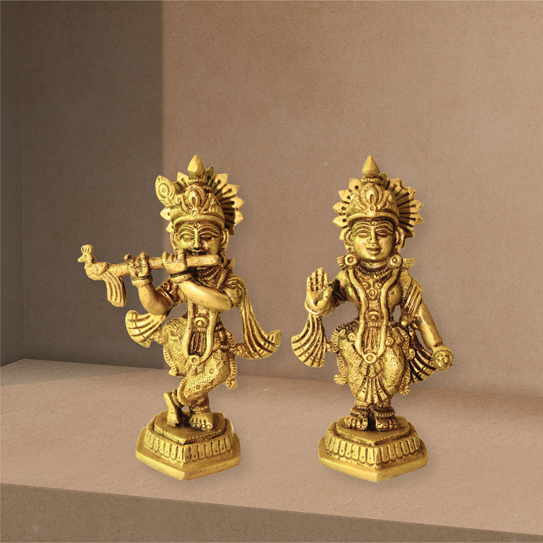 Rangkala Home & Décor Lord Radha Krishna Idol Statue Decor Figurine Krishna Janmashtami Decorative Showpiece - 12.19 cm  (Brass, Gold)