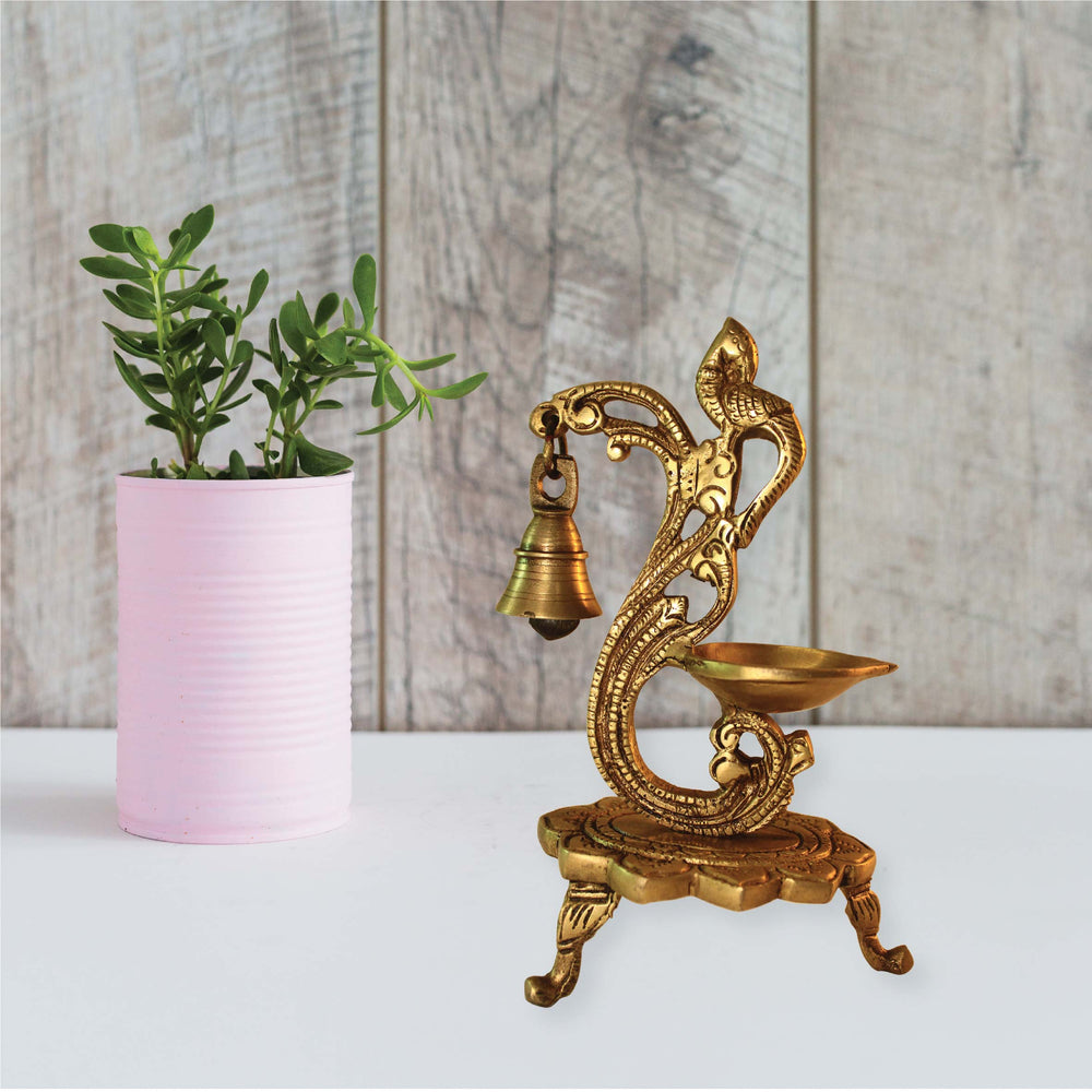 Brass Multicolor Bird Peacock Traditional Hanging Bell Diya Oil Lamp Stand Diwali Puja Home Office Temple