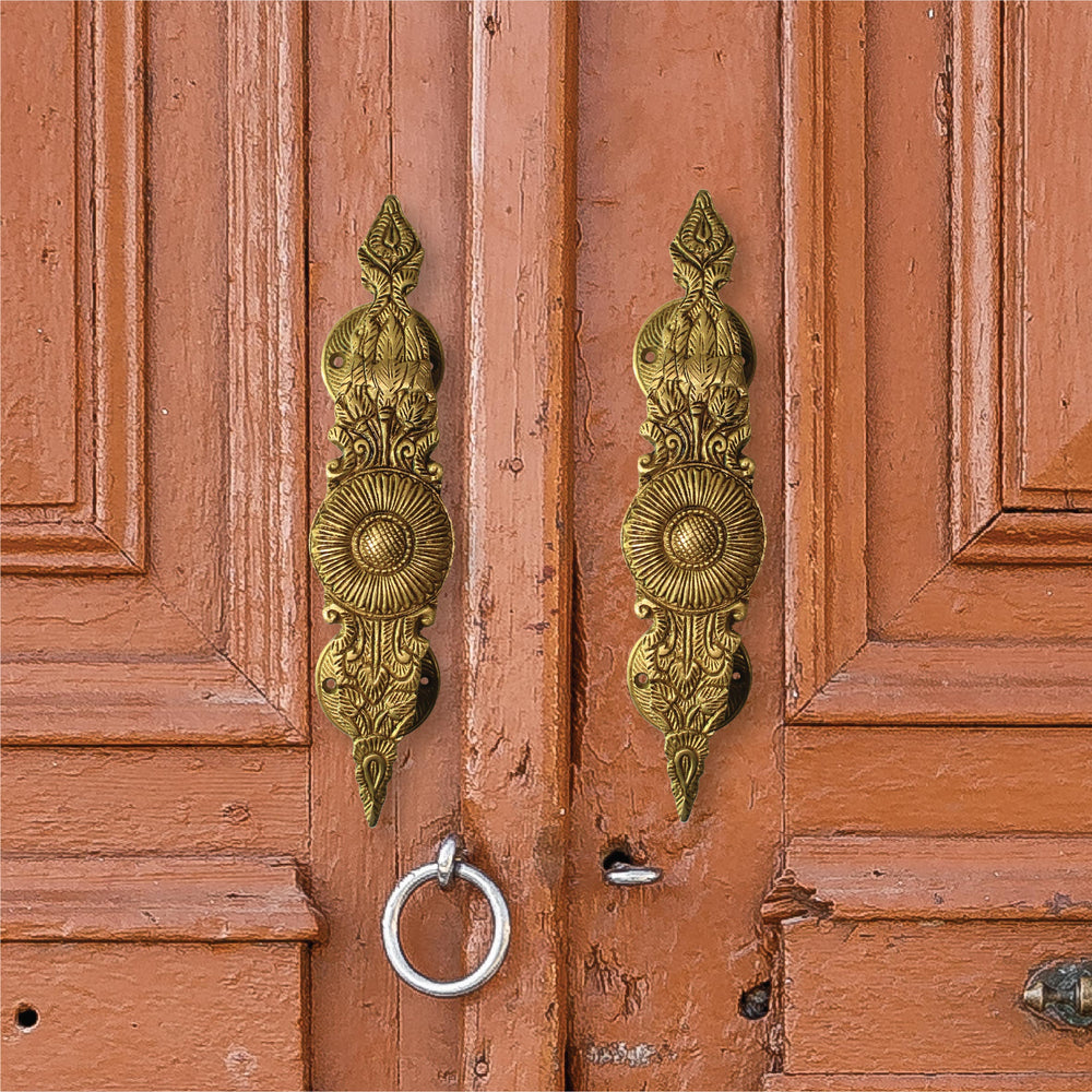 Sunflower Engraving Brass Door Pull Royal door Handle In Dull Golden