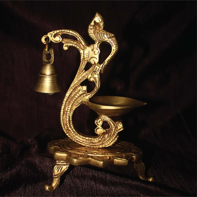 Brass Multicolor Bird Peacock Traditional Hanging Bell Diya Oil Lamp Stand Diwali Puja Home Office Temple