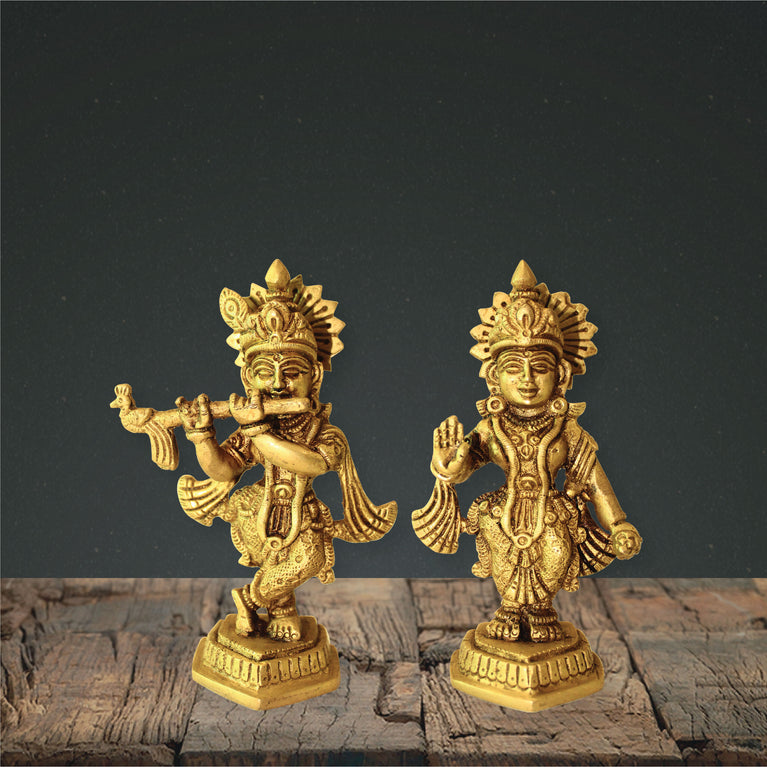 Rangkala Home & Décor Lord Radha Krishna Idol Statue Decor Figurine Krishna Janmashtami Decorative Showpiece - 12.19 cm  (Brass, Gold)