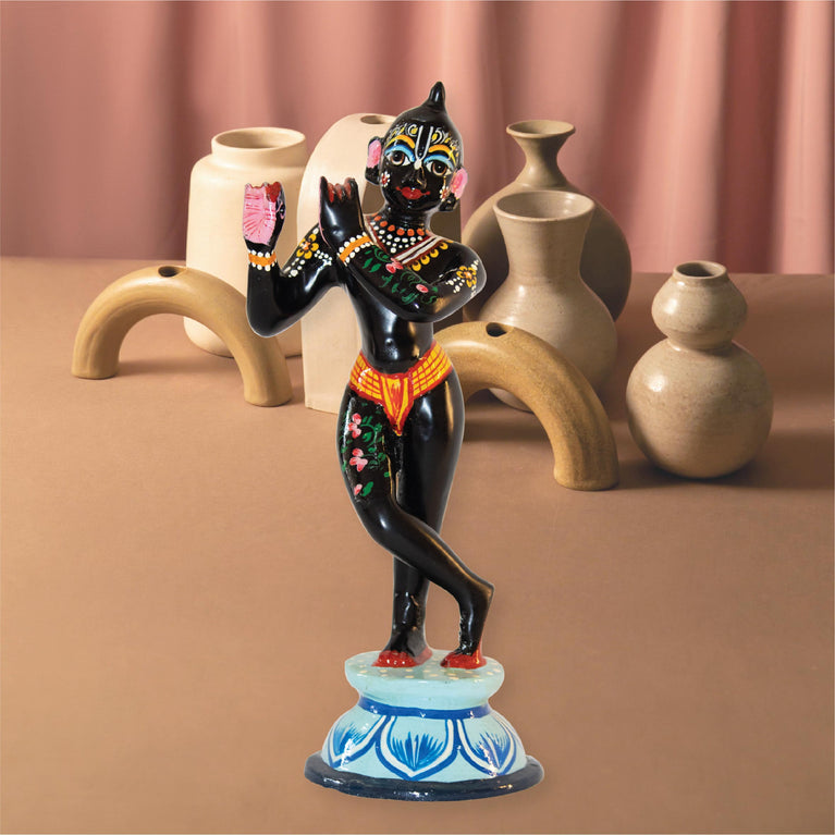 Asta Dhatu - Brass Made Black Painted Krishna Idol Statue for Home Temple ( 12 Inch Height)