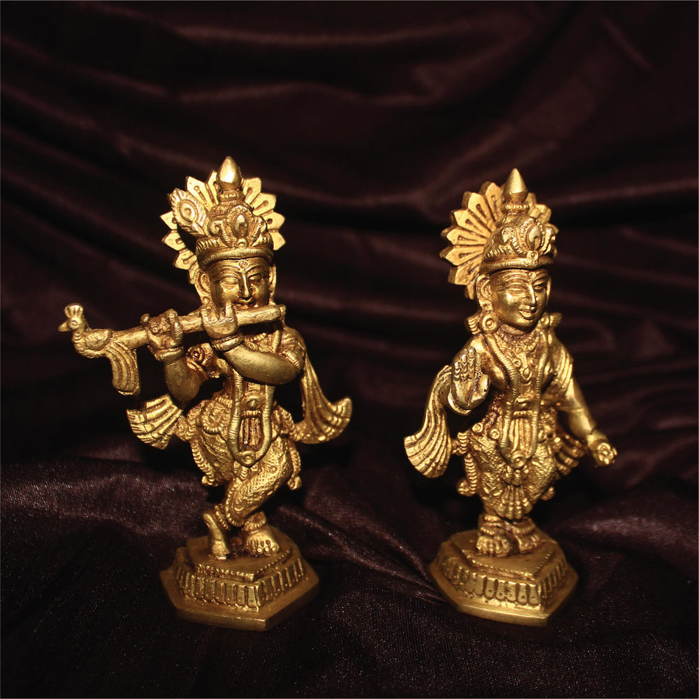 Rangkala Home & Décor Lord Radha Krishna Idol Statue Decor Figurine Krishna Janmashtami Decorative Showpiece - 12.19 cm  (Brass, Gold)