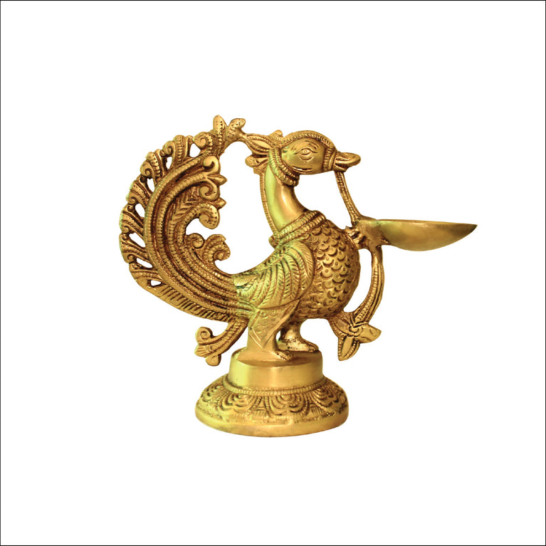 Brass Peacock Wick Puja Lamp | Handmade | Made in India | 8 Inch