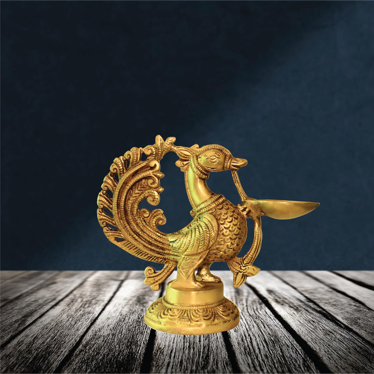 Brass Peacock Wick Puja Lamp | Handmade | Made in India | 8 Inch