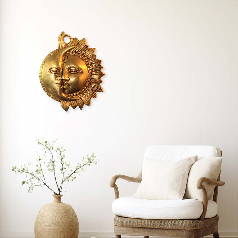 Handmade Pure Brass Antique Sun And Moon Half Face Hanging Idol/Decorative Wall Hanging Idol/Brass Wall Home Décor/Sun Moon Face Decor Statue/Brass Wall Art