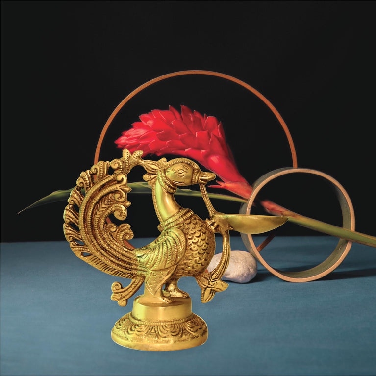 Brass Peacock Wick Puja Lamp | Handmade | Made in India | 8 Inch