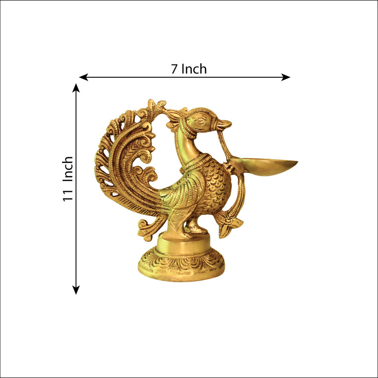 Brass Peacock Wick Puja Lamp | Handmade | Made in India | 8 Inch