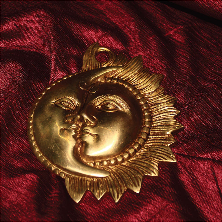 Handmade Pure Brass Antique Sun And Moon Half Face Hanging Idol/Decorative Wall Hanging Idol/Brass Wall Home Décor/Sun Moon Face Decor Statue/Brass Wall Art