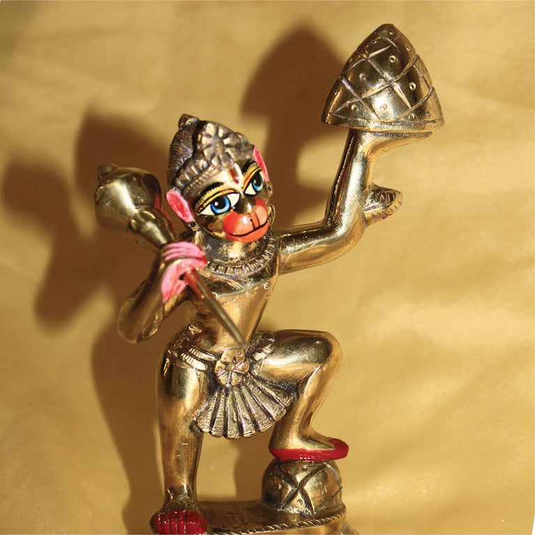 Sankatmochan Lord Hanuman Carrying Mountain Statue 6.2 Inch (Brass)