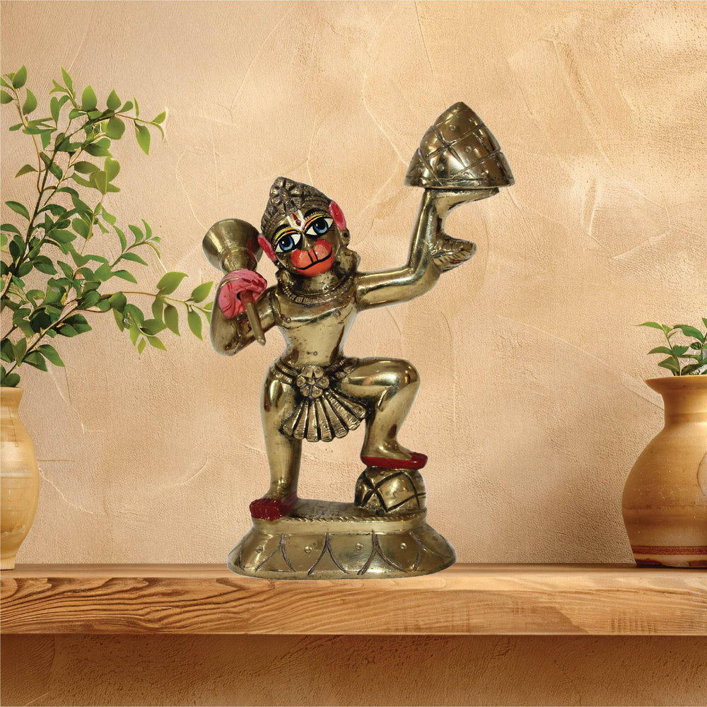 Sankatmochan Lord Hanuman Carrying Mountain Statue 6.2 Inch (Brass)