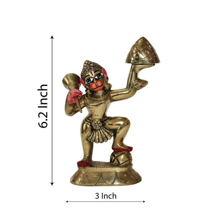 Sankatmochan Lord Hanuman Carrying Mountain Statue 6.2 Inch (Brass)