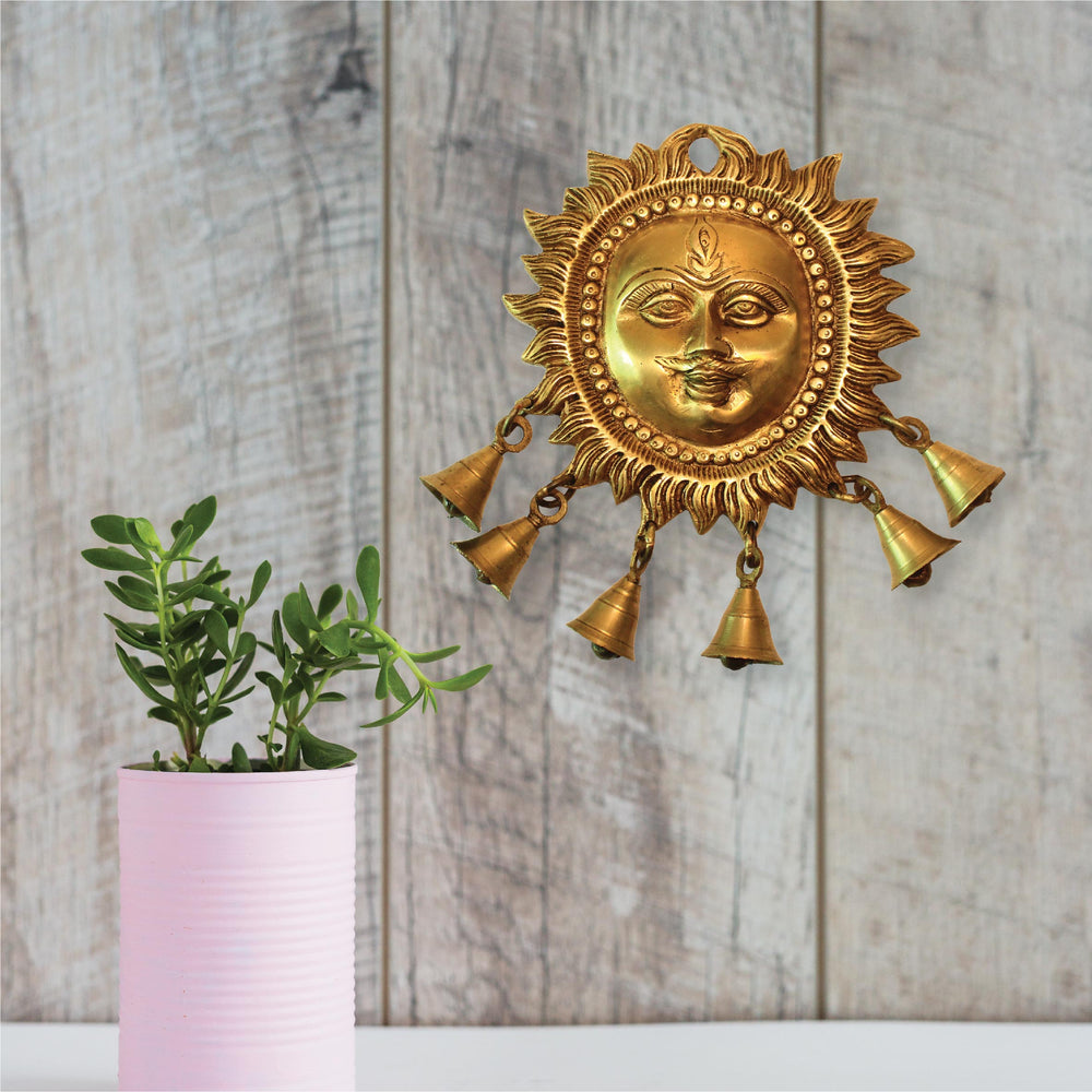 Brass Sun Face Wall Hanging Bell for Home Office Mandir Decor Gift Items Collectible Handicraft Art