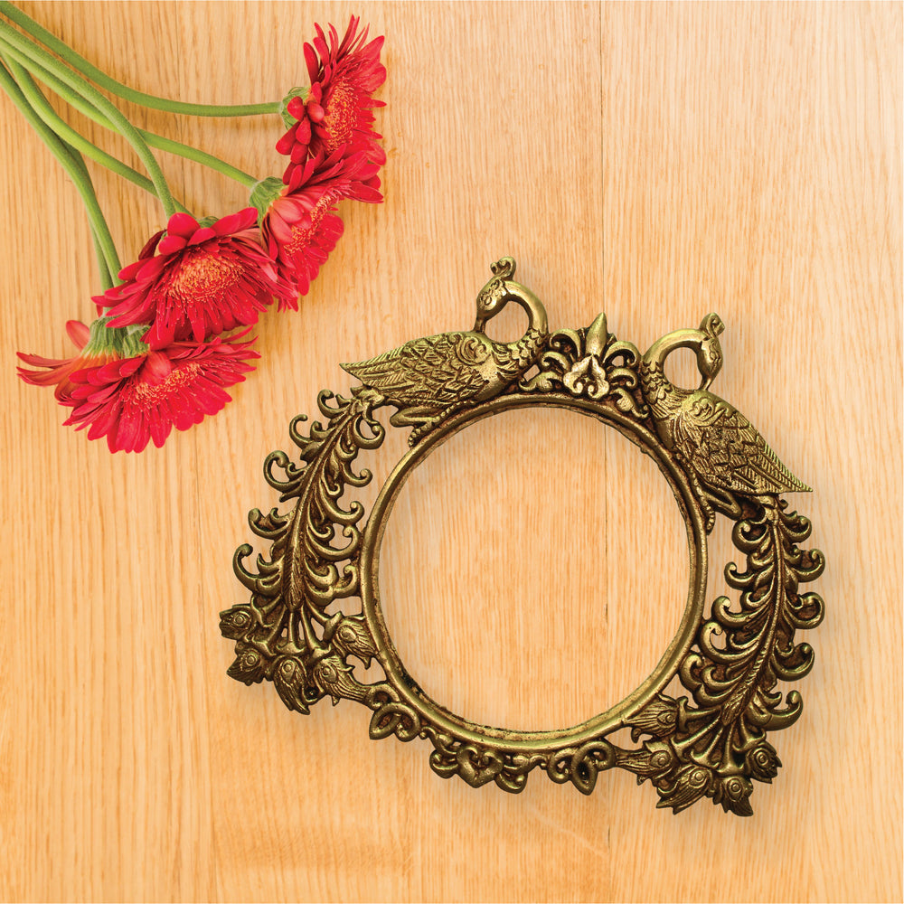 Brass mirror frame or Photo frame filigree design handcrafted with peacock on both sides .Birthday gift. House warming gift. home decor.