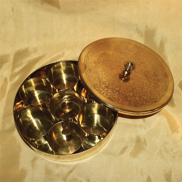 Rangkala Pure Brass Masaladani / Spice Set / Box / Dibba - Heavy Gauge - With Spoon - Luxury Karvi Design