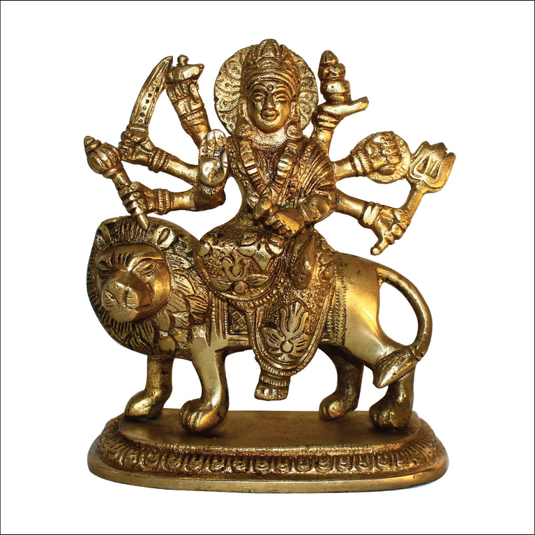 Rangkala Brass Idol of Maa Durga Statue on Lion for Blessings, Health & Wealth 1.2 kg