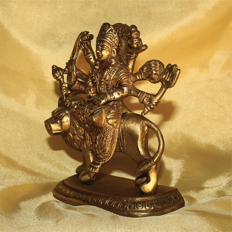 Rangkala Brass Idol of Maa Durga Statue on Lion for Blessings, Health & Wealth 1.2 kg