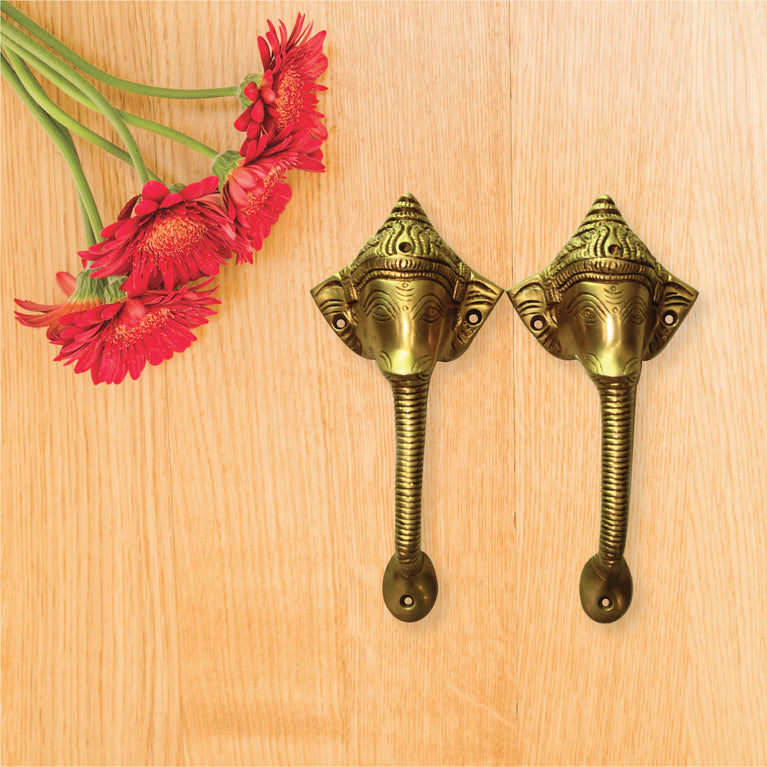 Brass Ganesha Head Door Handle | Hindu Lord Ganpati Head Shape Door Pull | Main Door Accessories Pack of 2