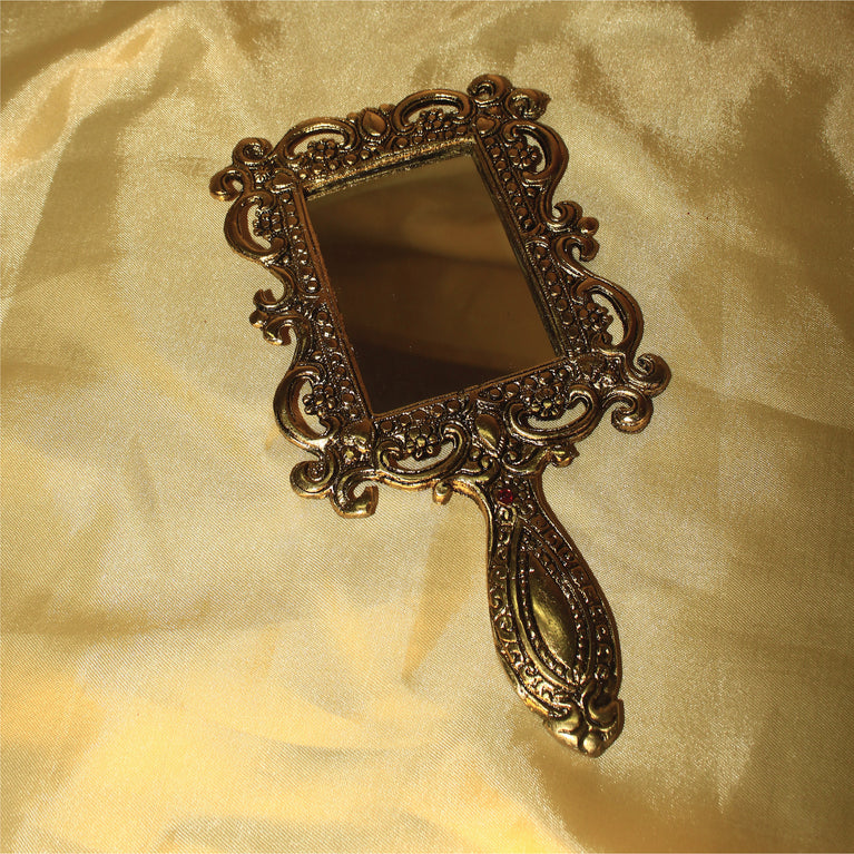 Rangkala Inspired Small Handheld Metal Mirror.Hand Mirror with Handle for Makeup,Travelling - Gold