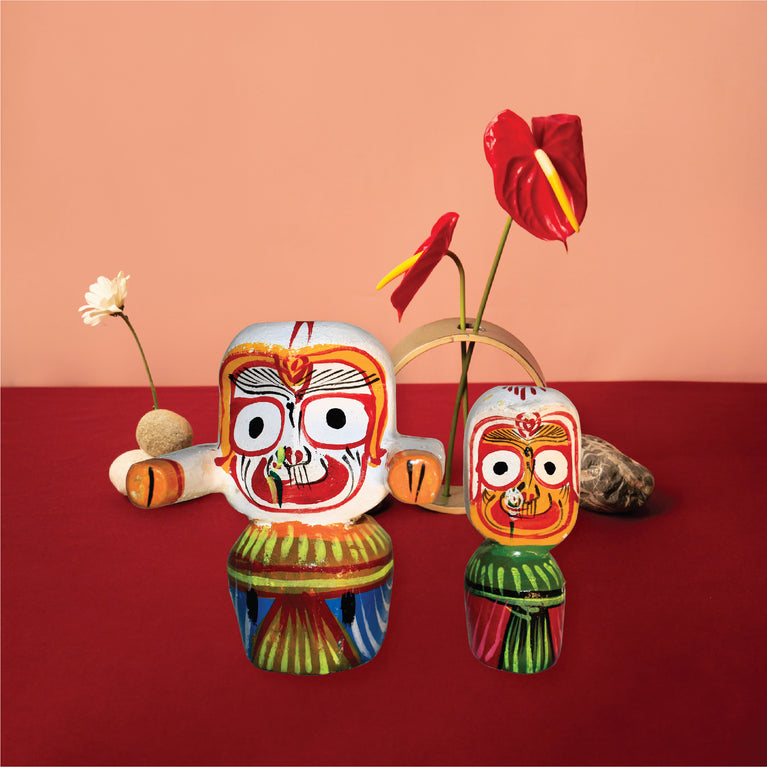 Rangkala Odisha Handicraft Lord Jagannath and Subhadra Wooden Idol for Decor Multicolour.