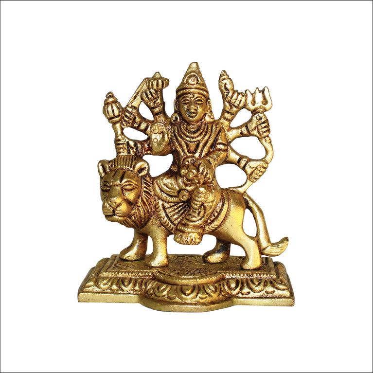 Rangkala Golden Brass Idol of Maa Durga Statue on Lion for Blessings, Health & Wealth 1.2 kg