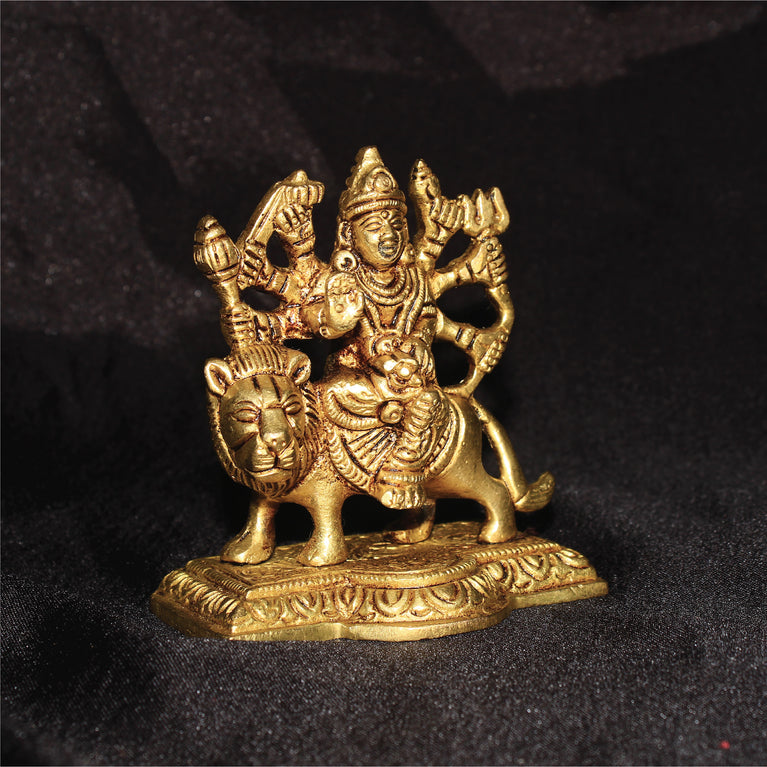 Rangkala Golden Brass Idol of Maa Durga Statue on Lion for Blessings, Health & Wealth 1.2 kg