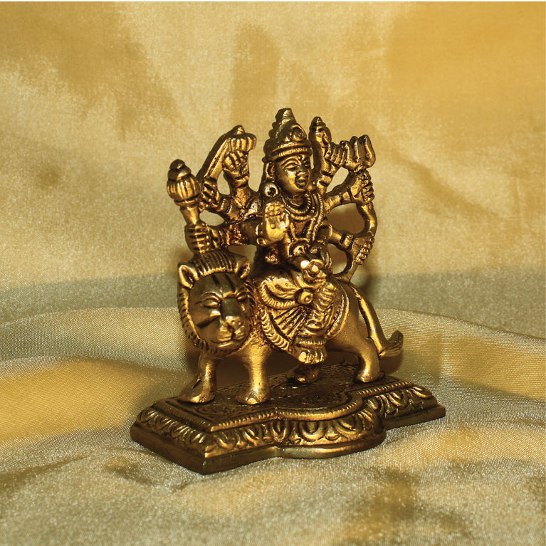 Rangkala Golden Brass Idol of Maa Durga Statue on Lion for Blessings, Health & Wealth 1.2 kg