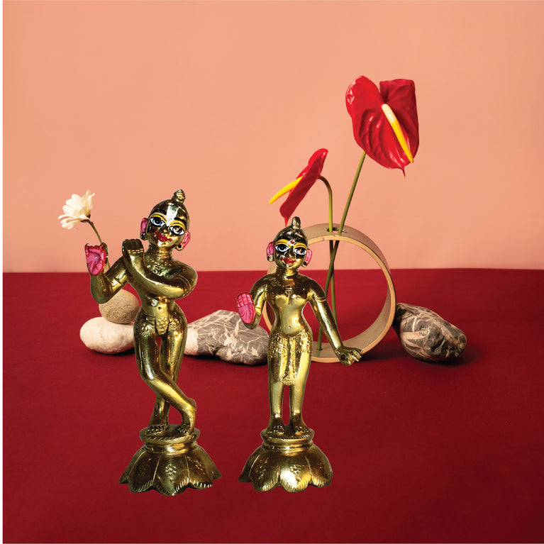 Rangkala Pooja Store Astadhatu Mix Brass Made Golden Radha Krishna Yougal Sarkar Puja Idol/Radha Krishna Sringar Idol