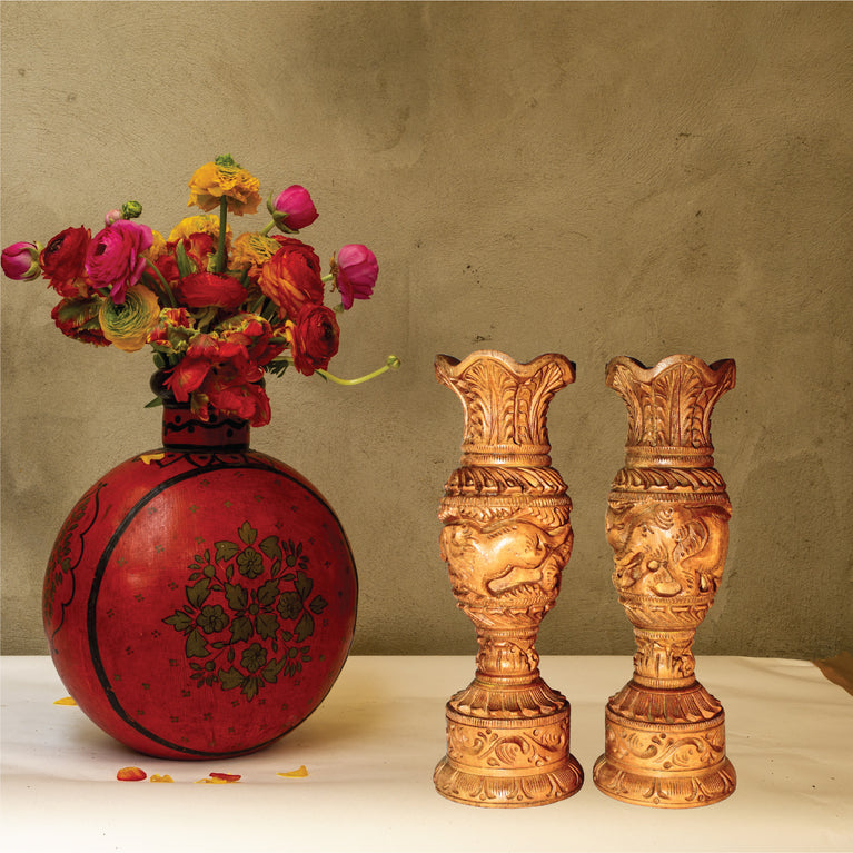 Rangkala andmade Wooden Shikar Liquor Flower Vase/Pot Set of 2 for Home Decoration Wooden Vase