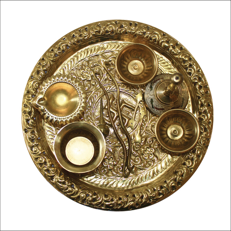 Rangkala Brass Pooja Thali Set 12 Inch with Pital Puja Plate Kalash Bowl Spoon Palli Ghanti Kuber Diya Chandan Wati Dhup Dan Arti Thali for Diwali Home Office Mandir Wedding Return Gift Items