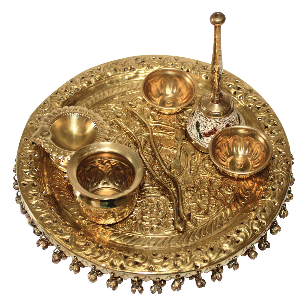 Rangkala Brass Pooja Thali Set 12 Inch with Pital Puja Plate Kalash Bowl Spoon Palli Ghanti Kuber Diya Chandan Wati Dhup Dan Arti Thali for Diwali Home Office Mandir Wedding Return Gift Items