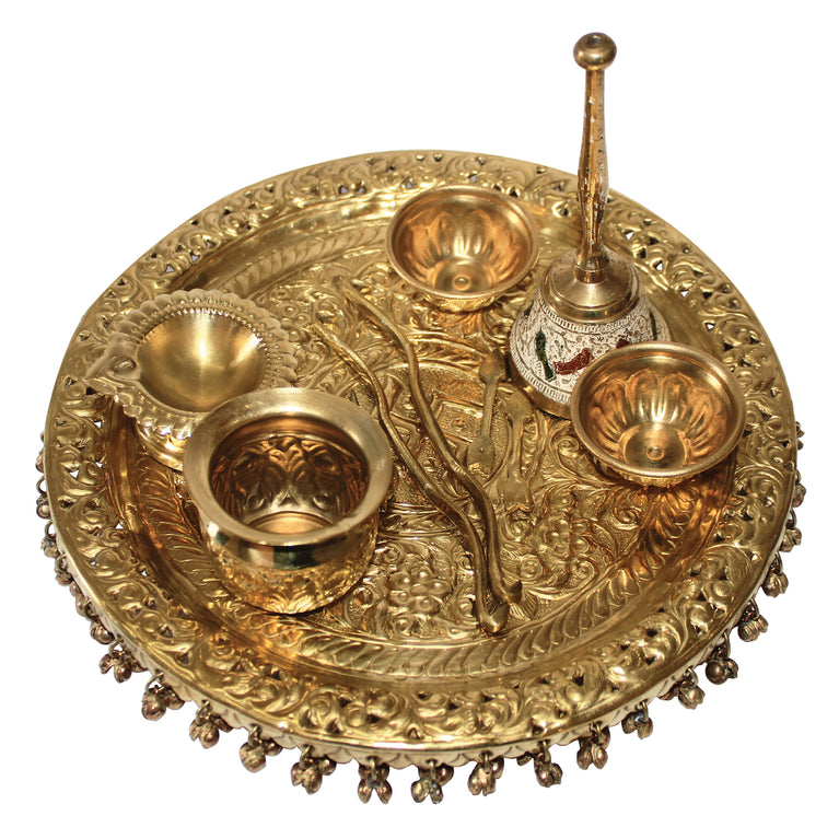 Rangkala Brass Pooja Thali Set 12 Inch with Pital Puja Plate Kalash Bowl Spoon Palli Ghanti Kuber Diya Chandan Wati Dhup Dan Arti Thali for Diwali Home Office Mandir Wedding Return Gift Items