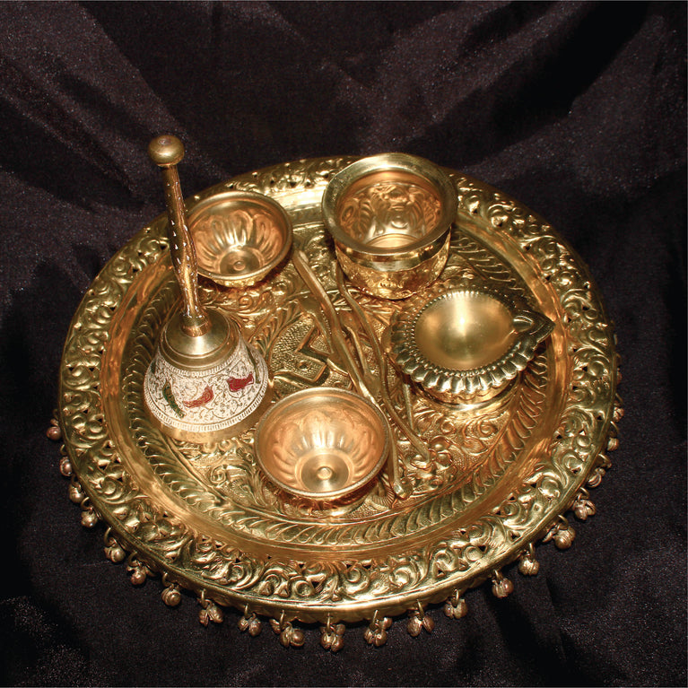 Rangkala Brass Pooja Thali Set 12 Inch with Pital Puja Plate Kalash Bowl Spoon Palli Ghanti Kuber Diya Chandan Wati Dhup Dan Arti Thali for Diwali Home Office Mandir Wedding Return Gift Items