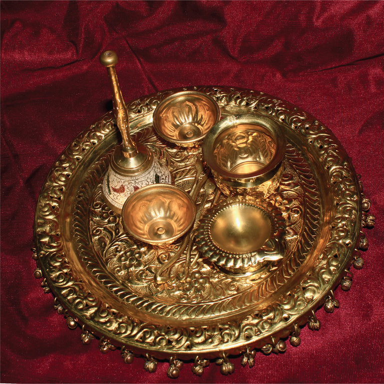 Rangkala Brass Pooja Thali Set 12 Inch with Pital Puja Plate Kalash Bowl Spoon Palli Ghanti Kuber Diya Chandan Wati Dhup Dan Arti Thali for Diwali Home Office Mandir Wedding Return Gift Items